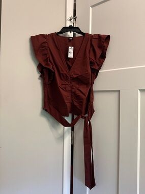 Express Rust Brown Ruffle Wrap Blouse